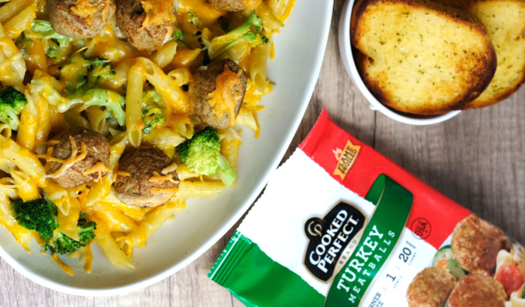 Cheddar Broccoli Ziti Bake with Turkey Meatballs