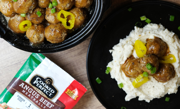 Slow Cooker Mississippi Meatballs Over Mashed Potatoes