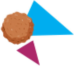 Abstract composition featuring a textured brown circle overlapping a blue triangle and a magenta triangle, forming a playful geometric arrangement.