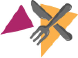 Crossed fork and knife over abstract orange and magenta triangles, symbolizing dining or food service