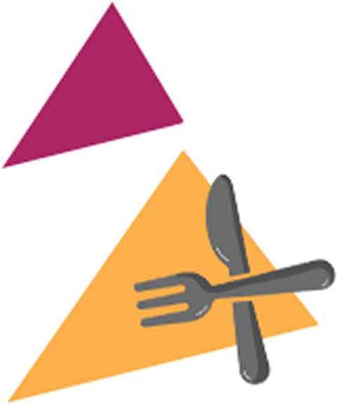 Abstract icon with two colored triangles and a fork and knife, representing dining or food.”,