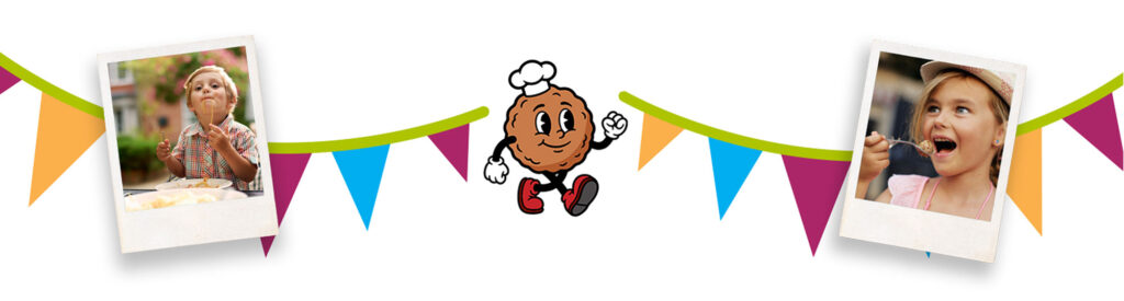 Colorful bunting with two Polaroid-style photos of kids eating on each side and a cheerful cartoon meatball chef in the center.