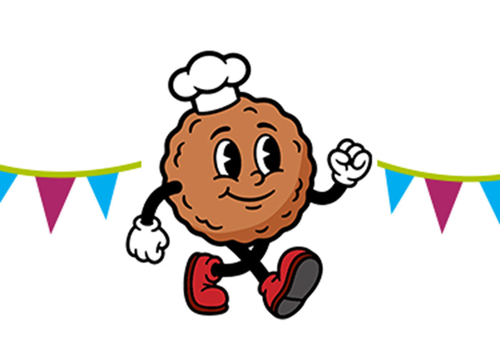 Animated meatball mascot wearing a chef's hat, walking between colorful pennant banners for a festive event.