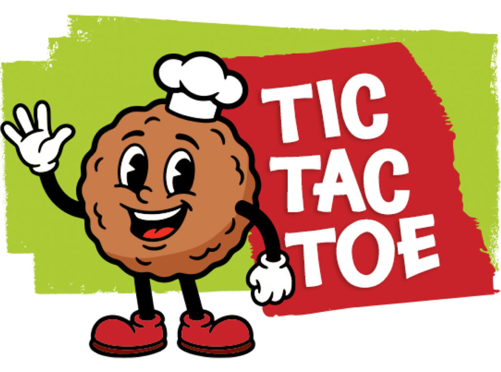 Cheerful cartoon cookie wearing a chef hat, waving, beside a red 'TIC TAC TOE' panel on a lime background.